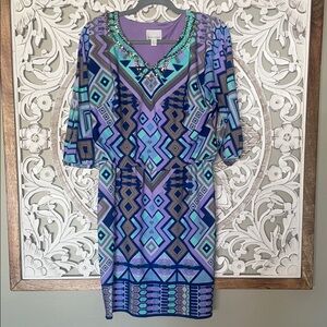 Donna Morgan Blue Purple Teal Dress Beaded V-Neck Dolman Sleeves sz 6 EUC